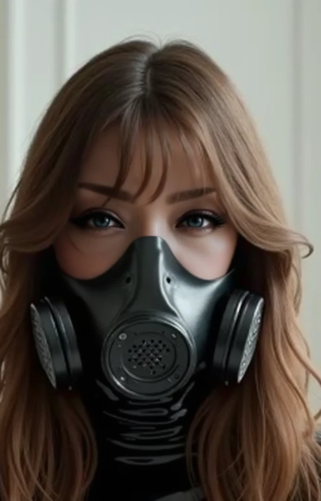 High quality photo of a beautiful and gorgeous girl with long wavy brown hair wearing a black sheer tight-fitting rubber suit is wearing a nose and mouth covering type oxygen mask with a hose attached. She is not underwater.