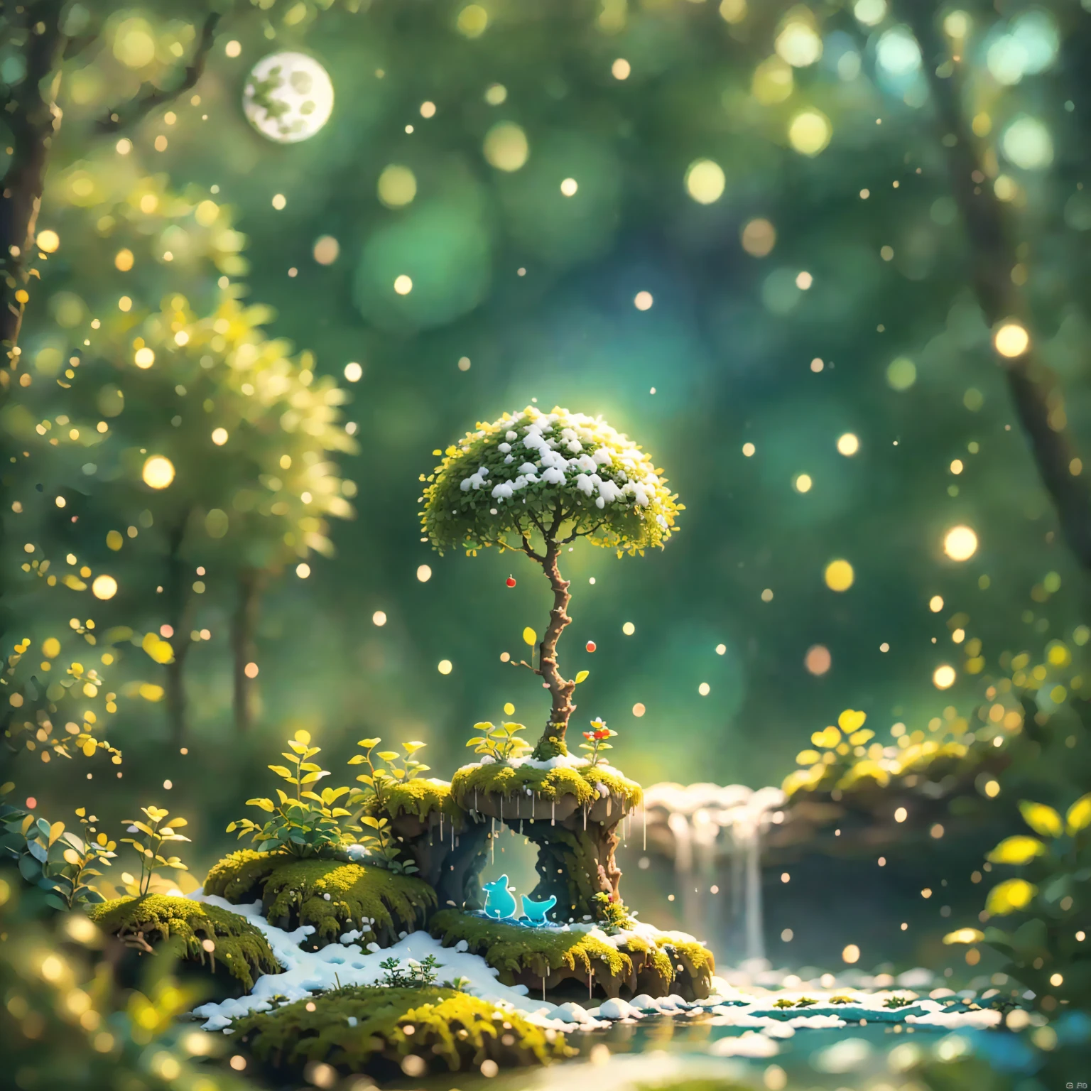 8K quality,(super masterpiece:1.3), best quality, detailed images,unmanned,claymation(Small tree 々, has lots of petals dancing, fantastic waterfall,moss,水moss,lake,lake畔,full moon,Small Earth, starry sky ,background(Night Sky,Snow piled up, gradient )).