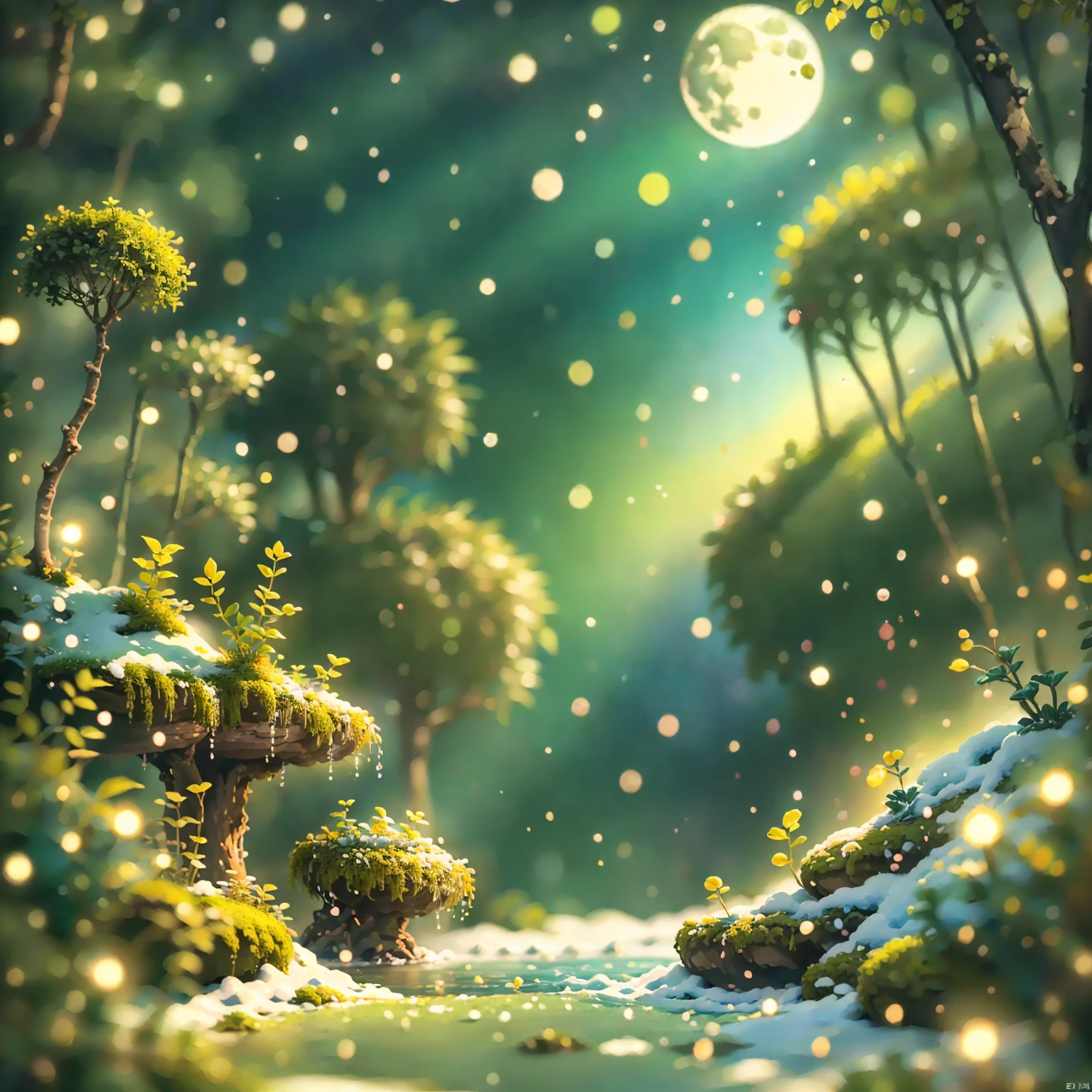 8K quality,(super masterpiece:1.3), best quality, detailed images,unmanned,claymation(Small tree 々, has lots of petals dancing, fantastic waterfall,moss,水moss,lake,lake畔,full moon,Small Earth, starry sky ,background(Night Sky,Snow piled up, gradient )).