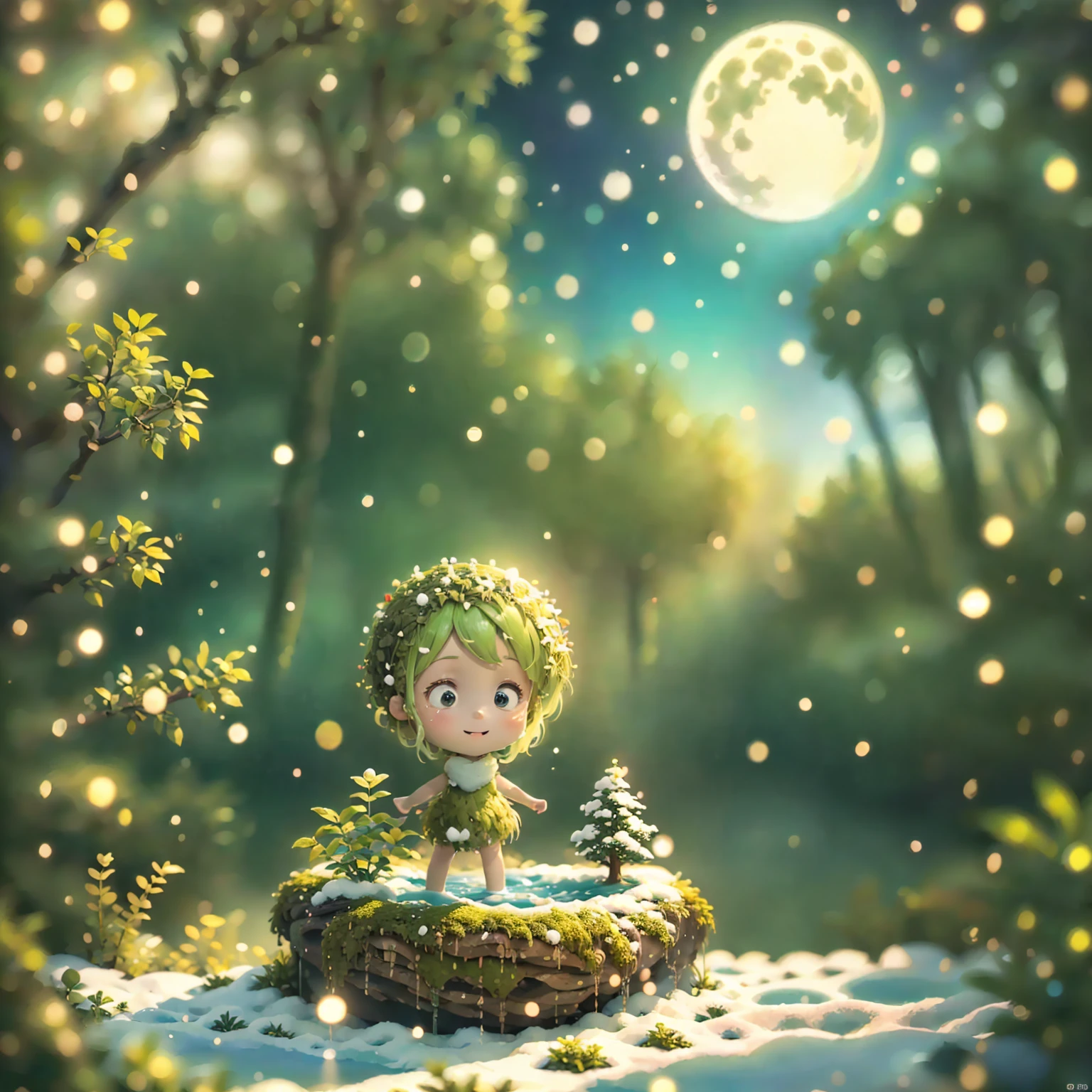 8K quality,(super masterpiece:1.3), best quality, detailed images,unmanned,claymation(Small tree 々, has lots of petals dancing, fantastic waterfall,moss,水moss,lake,lake畔,full moon,Small Earth, starry sky ,background(Night Sky,Snow piled up, gradient )).