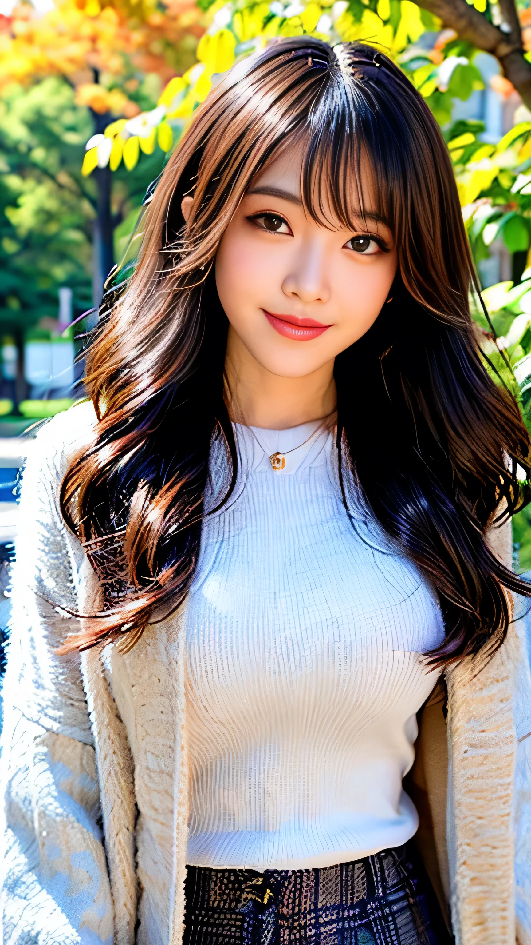 seed;2372725988,(close-up:1.2))、((Front hair:1.3))、(( best quality, 8k, masterpiece: 1.3)), concentrated: 1.2, Cute 1, nipples standing、 perfect beauty: 1.4,(( Colorful、black and white plaid wool mid-length fitted coat、A sweater in a coat、pants:1.2)), very detailed face and skin texture, Fine grain, double eyelids, Skin Whitening, , best quality, ultra high resolution,you,1 person,alone,_ shiny_skin,Iris, Necklaces ,((brown_length_Wavy_hair)),(lips)),eyelash,Front hair,Deal with it,compensate, shiny,pore,skin, Big Breasts 、A walk in the park in the autumn sky、((Smiling ))、smile、Stand and walk、