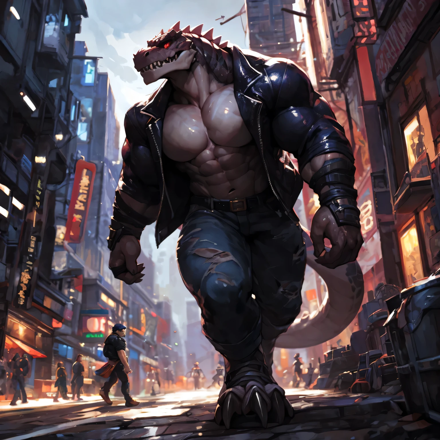 Muscular Godzilla, Pectoralis major, Heavyweight, Bodybuilder, Wearing a white jacket, skirt, Big bulge, Standing while playing with smartphone, In public buildings, Bright smile expression, Glowing skin, Vibrant colors, 4K, realism, Cool lighting