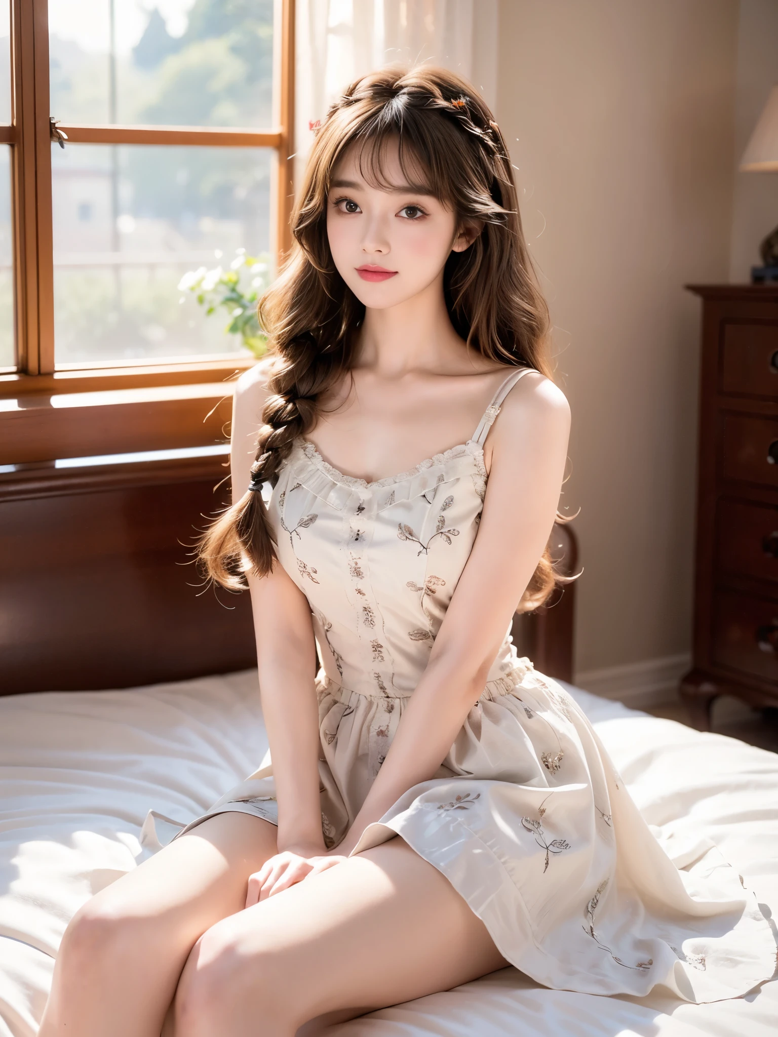 flower_dress, ((full body)), 1girl, solo, (Full breasts, visible cleavage, very short hemlines, revealing sexy long legs), (Night, warm colors, dark colors), (anatomically correct pose:1.3), (sitting on bed edge:1.3), (right leg crossed over left knee elegantly:1.3), (left foot planted firmly on floor:1.2), (legs in anatomically correct proportions:1.2), (natural sitting pose:1.2), (balanced sitting posture), (weight evenly distributed on bed surface), (spine naturally curved, not rigid), (shoulders relaxed and level), (upper body leaning slightly forward, 15 degrees), (facing slightly toward viewer, about 30 degrees), (head tilted subtly to right, 20 degrees), (human anatomy reference:1.2), (masterpiece, best quality), photorealistic, ultra-detailed, realistic body proportions, natural pose, long curly blonde hair with intricate braids, adorned with jeweled accessories, gentle smile, focused and serene eyes, (night, dark tones), bedroom interior setting, large circular windows in background, soft warm lighting, dreamy and cinematic atmosphere, volumetric light, sharp focus, 8k UHD