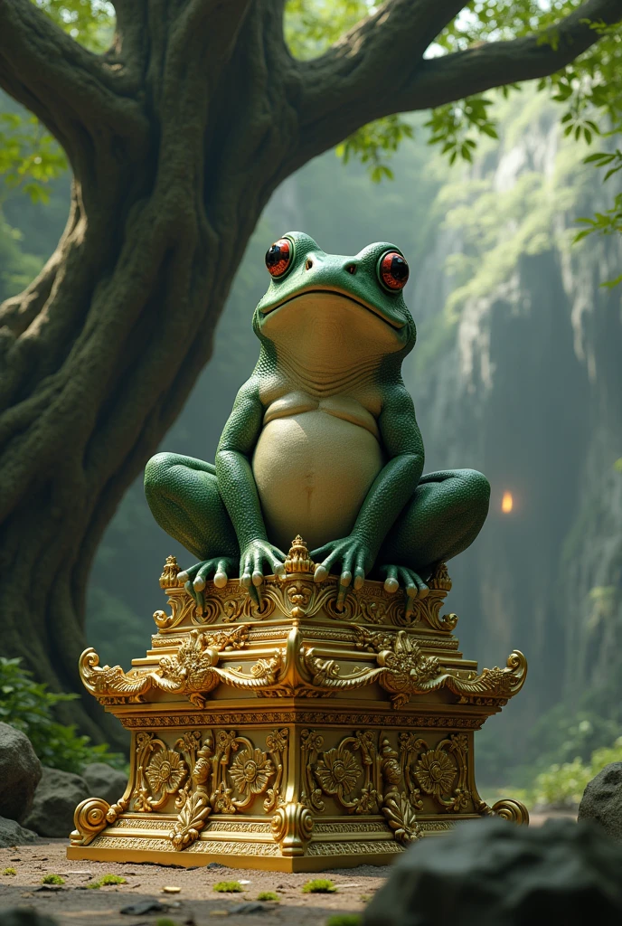 (photorealism:1.2), realistic, humanoid frog, green glowing skin, sitting on throne, indoors in jungle temple, soft lighting, plants in background, sunlight, realistic, intricate details, warm colors