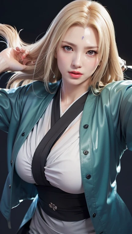 （（（perfect figure，figure，Alone， White and tender skin，（（（cyberpunk，Tsunade, Japanese clothes, sash, jacket，A tea green long jacket with black edges, black belt,  ））），（（（T5un4D3, Light yellow long hair, blue purple mark on forehead, light yellow thin short eyebrows, bright brown pupils, light red lips））），((masterpiece)),high resolution, ((Best quality at best))，masterpiece，quality，Best quality，（（（ Exquisite facial features，Looking at the audience,There is light in the eyes，(（（Smile，confidence)））)，））），型figure:1.7））），（（（Light and shadow，Huge breasts））），（（（Looking at the camera，black background）））