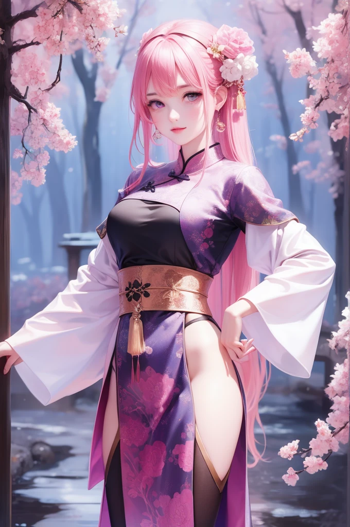 1girl, solo, long hair, breasts, looking at viewer, blush, bangs, skirt, bare shoulders, medium breasts, closed mouth, underwear, green eyes, standing, tail, full body, pink hair, ahoge, outdoors, detached sleeves, japanese clothes, looking back, wide sleeves, kimono, water, from behind, black footwear, bra, blue skirt, sash, obi, cherry blossoms, black bra, hakama, demon tail, hakama skirt, wading, long skirt, white kimono, hip vent, blue hakama