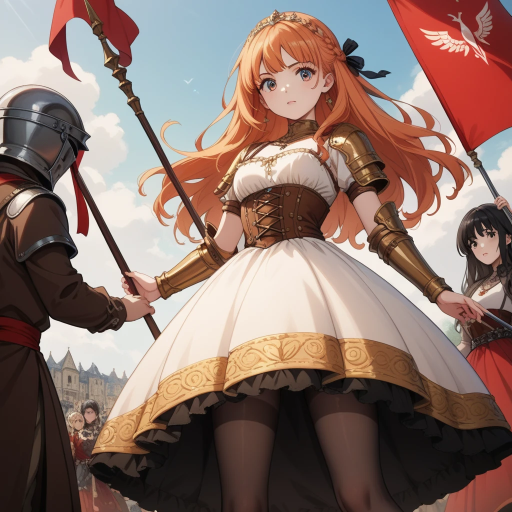 (    Highly Detailed CG Octane Rendering 8K Wallpaper ),     showing a beautiful girl dancing in the most beautiful works in the world   ,   A flag on a long spear  ,  complicated,    high detail, ８  girl  , Gold embroidery,  Medieval Long Cotton Dress  （With panniers）,  Cotton Cloth ,    raise your skirt   , Strong winds, Transparent slip, Translucent Tights   , Peeking from below,  best quality, Confusion in clothes,    lies down, underwear,    Let's Show Off Her Thighs , knight , Skirt lining, Bloomers、Leather Armor、 A flag on a long spear  
