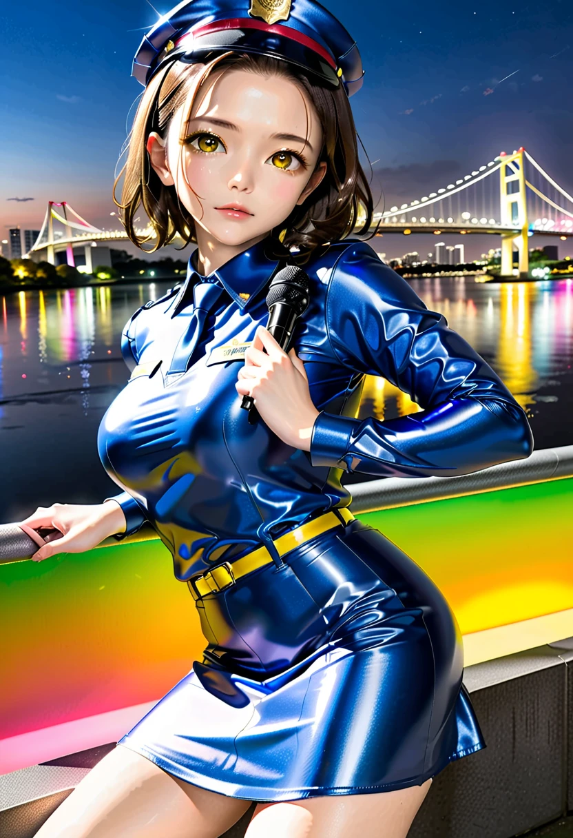 ((Odaiba's Rainbow Bridge in the early morning:1.5、Sit on the balustrade:1.5)), ((Chibi:1.5)), ((((Taken diagonally from the front:1.5、from side:1.5)), side view:1.5, looking away:1.5)),  one girl who is at ease, ((Top Models:1.5))、 best quality, masterpiece,  ultra high resolution, (Realistic:1.4),  RAW photos ,  complex details,  Big Beautiful Dark Emerald Eyes :1.5, Perfect Contour, masterpiece,  Silky Short Hair ,  ((forehead:1.5)), (full lips:1.5, pink lips:1.5, gloss lips:1.5, parted lips1.5),  slim、Short stature:1.5、(large chest:1.2, Firm Chest :1.2, High chest:1.5),  (( Extremely Soft and Tight Fit Metallic Policewoman Uniform:1.5、Below-the-knee skirt:1.5、 shiny super shine deep blue uniform with radio microphone:1.5, Police hat:1.5)), (無線機のマイクを持つ:1.5、Touching your hair:1.5)、(( background is a rainbow bridge :1.5、autumn leaves:1.5、Yellow Leaf :1.5))