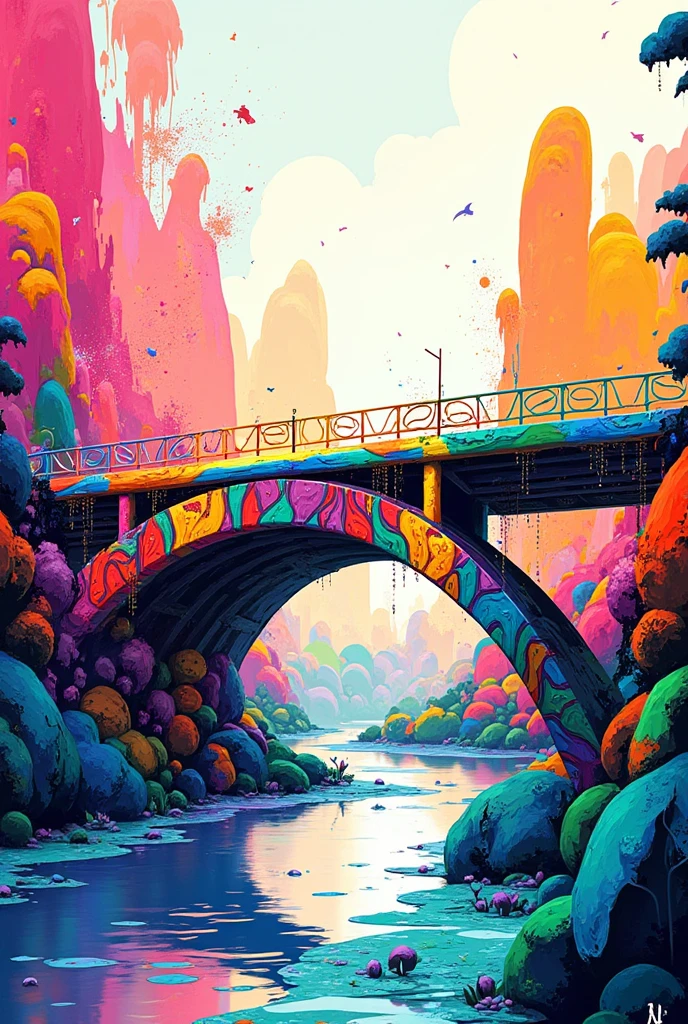 illustration, Abstract, sputtering art, colorful, Rainbow-colored bridge,