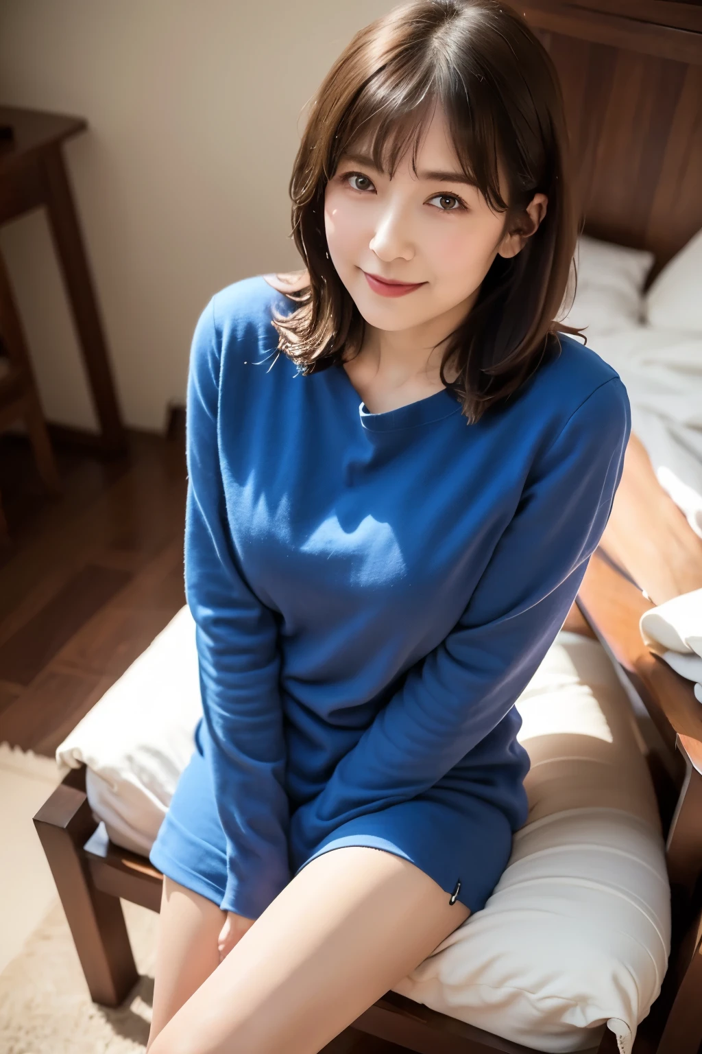 One Mature Woman , Lightweight sweater, Grey Cotton Tight Skirt, Beautiful Flesh-Colored Thighs , Beautiful Flesh-Colored Calves , shot above the knee holding a woman's hand, smile, bangs, up hair , beautiful eyes down to the smallest detail , beautiful face down to the smallest detail, masterpiece, 4K High Resolution,