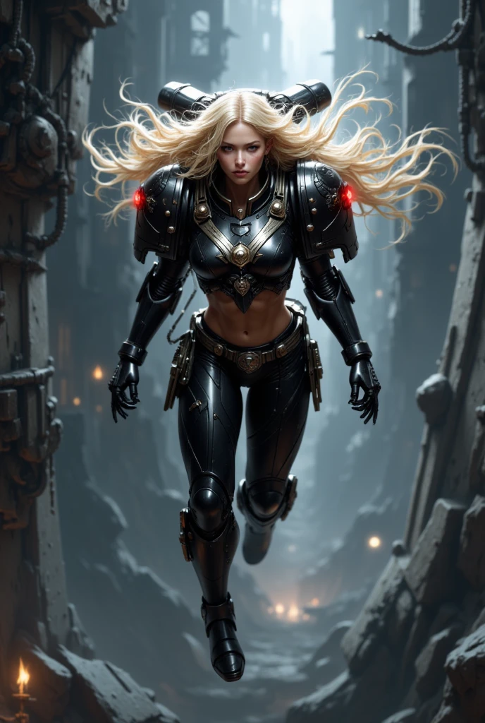 detailed portrait, masterpiece, RavenG40k, 1girl, solo, wearing black power armor, midriff, blonde hair, flying, hovering, air, jetpack, dynamic angle, creating a mystical and adventurous atmosphere, directional lighting, masterpiece, perfect composition, perfect hands, cowboy shot, mythp0rt,