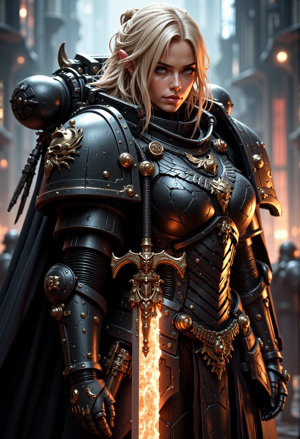 blonde female knight, wearing RavenG40k power armor, and holding a flaming sword   