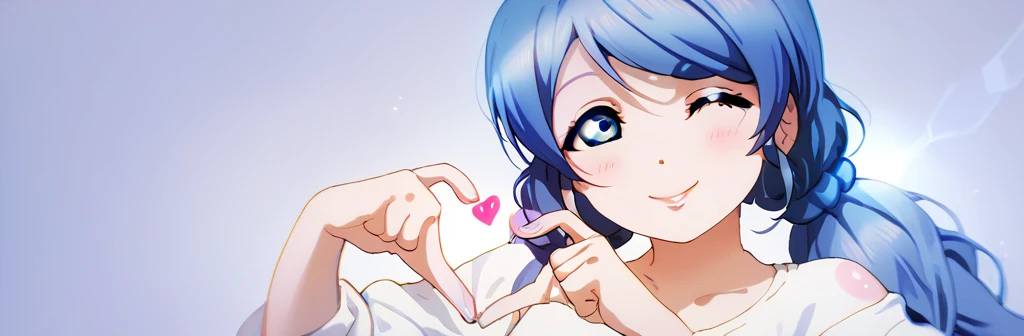 Anime girl making heart hands, blue pigtails, love live art style, nozomi