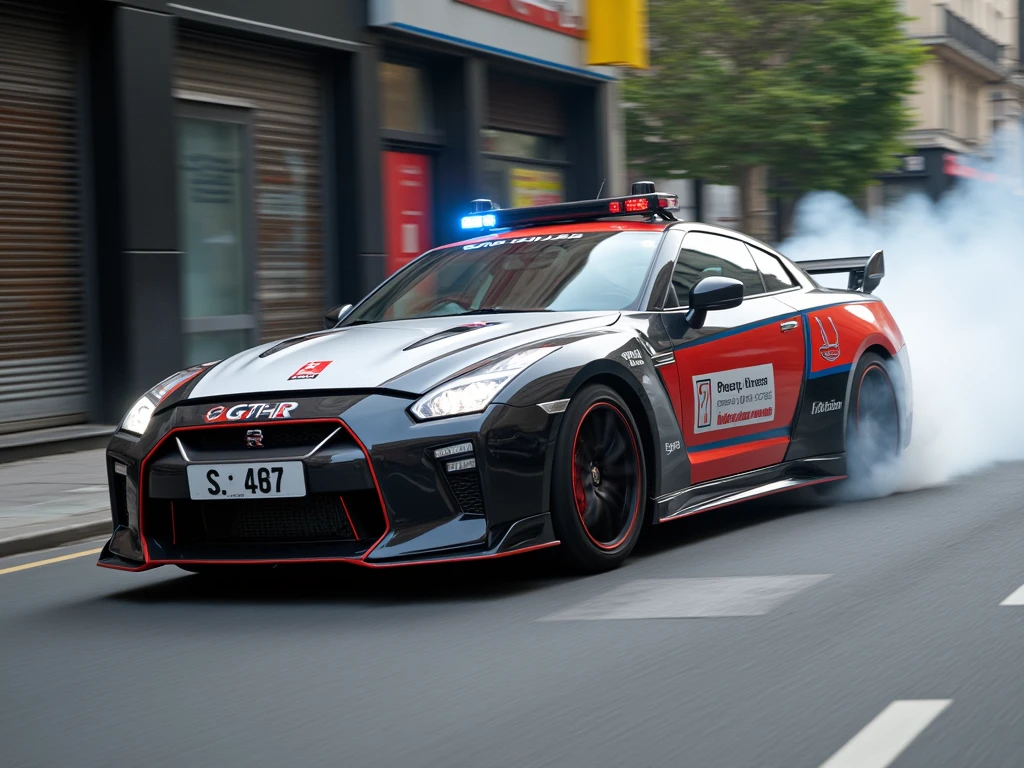 GTR sports car,refit,ultraclear,American police car style,photorealestic,realisticlying,In the daytime,street corner,Cars as the main body,Contre-Jour