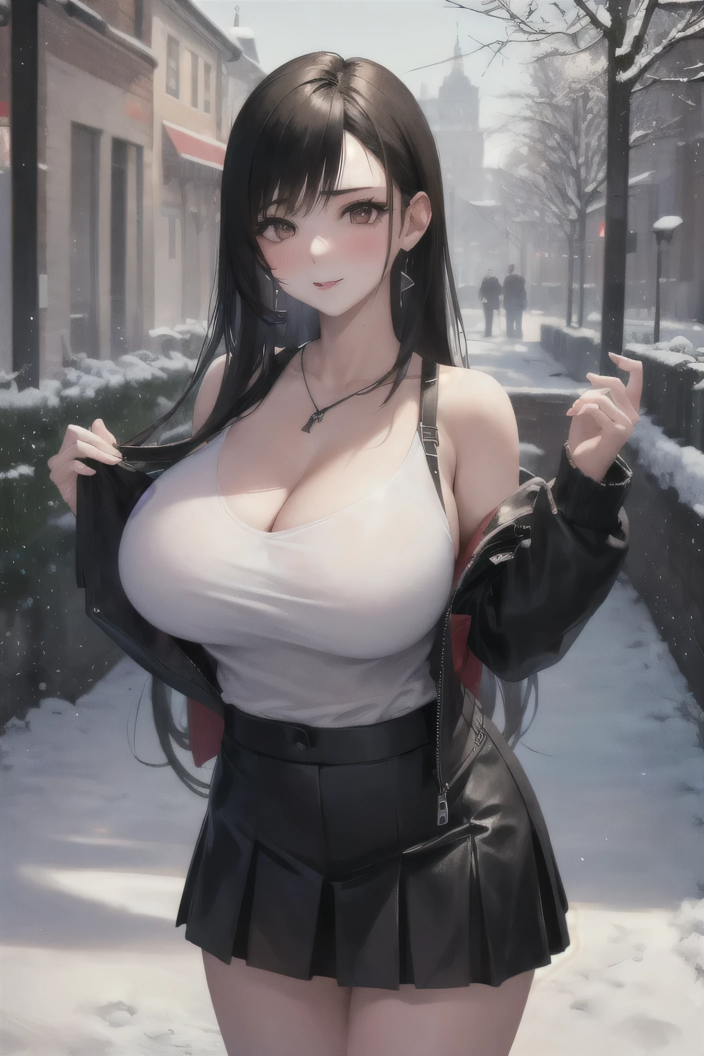 (masterpiece, best quality:1.2),
highres,
skin_detail,
face_detail,
lustrous_skin:1.4,
skindentation,
defTifa,
yo,
School shirt, 
school skirt
ultra_massive_natural_breasts:1.4,
(innocent_big_eyes:1.0),
light_blush,
winter,
snow,
outdoor,
garden,
cute,
{sexy_pose | seductive_pose | erotic_pose}
cowboy_shot,