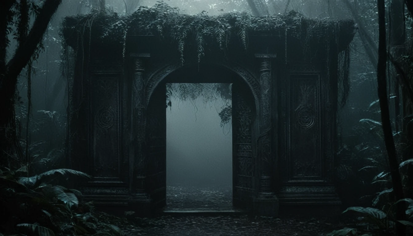 A hidden, enigmatic doorway stands partially ajar in the heart of a dense, primeval jungle, shrouded in mist and shadow. The portal is intricately crafted from dark, otherworldly bone, its surface etched with elaborate, biomechanical patterns reminiscent of an ancient, alien civilization. Tendrils of creeping vines intertwine with the structure, adding to its foreboding presence. The scene is bathed in an eerie, dim light filtering through the canopy, casting unsettling, shifting shadows. Inspired by the haunting aesthetics of H.R. Giger, the atmosphere is charged with an ominous, cinematic tension, hinting at the mysteries and dangers that lie beyond the threshold