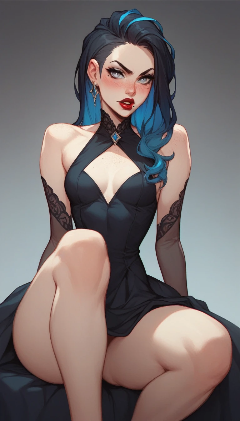 Nsfw,Masterpiece, raw, beautiful art, professional artist, 8k, art style by sciamano240, very detailed face, very detailed hair, 1 woman, perfectly drawn body, beautiful face, long hair, light blue hair , very detailed blue eyes , rosey cheeks, intricate details in eyes, sultry smile, looking directly at viewer , lusty expression, lipstick, nude, very close up on face, posing hands behind head, black satin elbow gloves, thigh boots, crouched down, legs spread open,