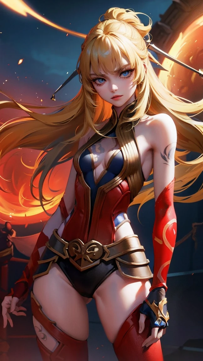 young girl, blonde hair, blue eyes, smirk, fangs, hands behind head, dynamic pose, tattoo, Aoi, Arena of Valor, red clothes, Masterpiece, hiquality, ultra details, HD, 4k