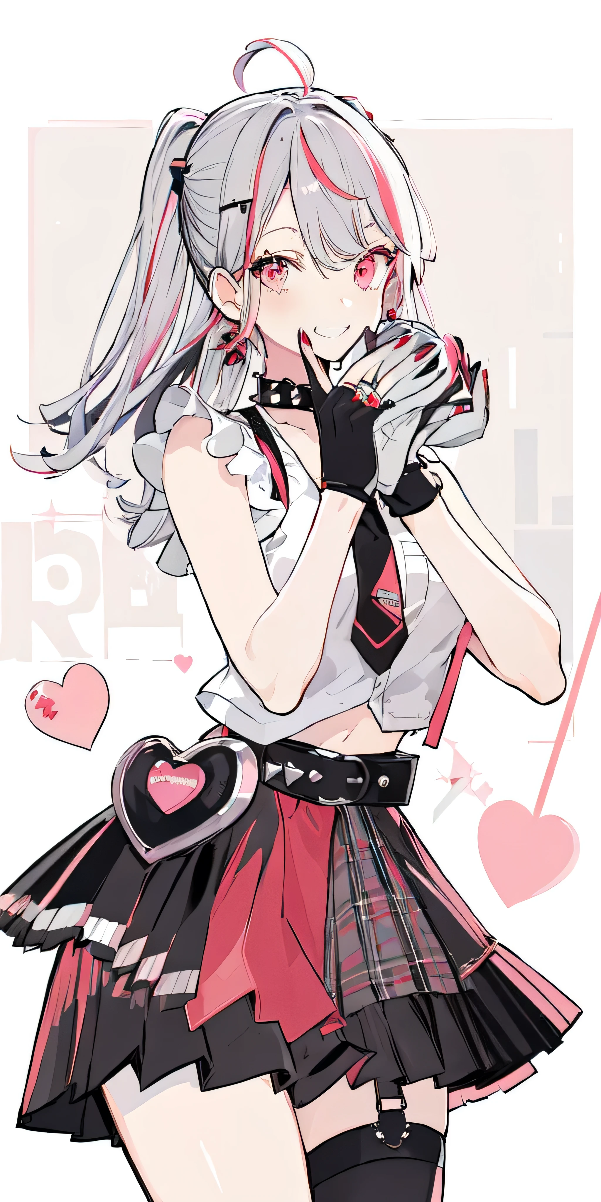 (masterpiece:1.2), best quality,PIXIV,Sweet girl ,
1girl, solo, long hair, smile, skirt, gloves, heterochromia, hair ornament, fingerless gloves, bow, hair bow, jewelry, black gloves, plaid skirt, multicolored hair, fishnets, looking at viewer, shirt, plaid, earrings, black bow, nail polish, belt, heart, red shirt, short sleeves, grin, crop top, single glove, bangs, red skirt, cowboy shot, arms up, bandages, hairclip, choker, ahoge, black nails, signature, pink eyes, necktie, bandaged arm, very long hair, spikes, midriff, collar, pleated skirt, black choker, black necktie, pink hair, polka dot, blush, ear piercing, miniskirt, grey eyes, grey hair, piercing, hands up, multicolored nails, heart hair ornament, streaked hair, black collar, black belt, white hair, red eyes, red nails, frills, safety pin, x hair ornament, ring, breasts, buckle, badge, chain, spiked bracelet, character name, bracelet