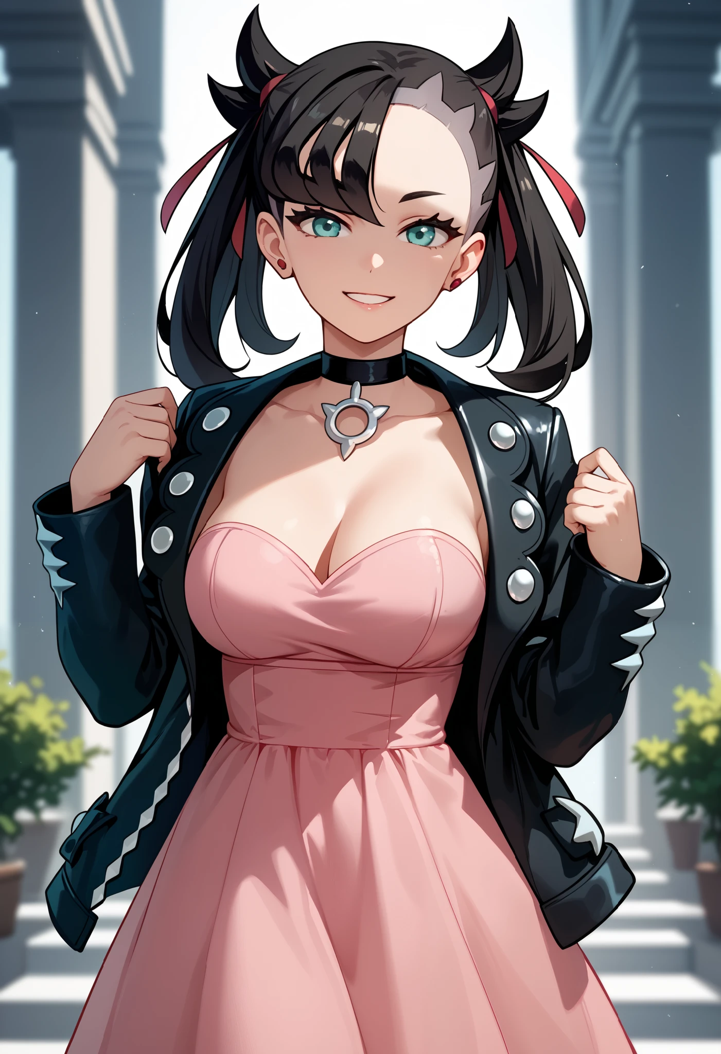 Perfect CG unity 8K UHD wallpaper, Perfect CG unity 8K UHD wallpaper, absurdres, marnie, aqua eyes, black choker, red ribbon, pink dress, jewelry, black jacket, open clothes, long sleeves,  solo, smiling, looking at viewer, cowboy shot,  cinematic composition,  contrapposto, large breasts, strapless dress,