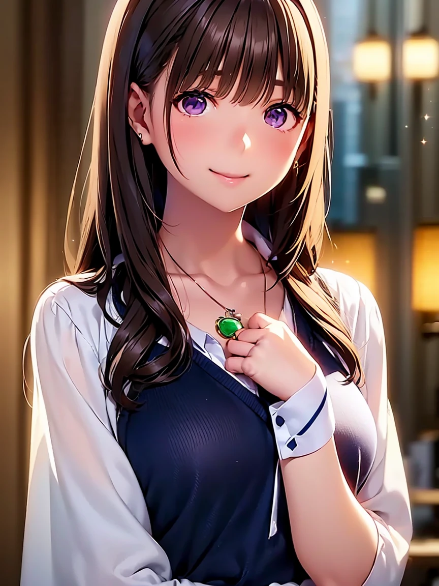   high definition  ,In 8K, best quality , Details, semi-realistic anime , D-anime style, Smooth Anime CG , one girl who is at ease, 19-year-old Japanese woman, very cute ,((beauty)), slim,modeling,((Sparkling Eyes)),((long hair that extends to the chest)),(( wavy maroon hair with bangs)),(((navy blue shirt with white collar ))), pink lips, Shiny brown hair, Detailsな顔,Beautiful and  Details,,((深い青紫色のSparkling Eyes)),(Shut your mouth.),(Laughter),((pendant)),(clavicle),(( beautiful jade bokeh background ))