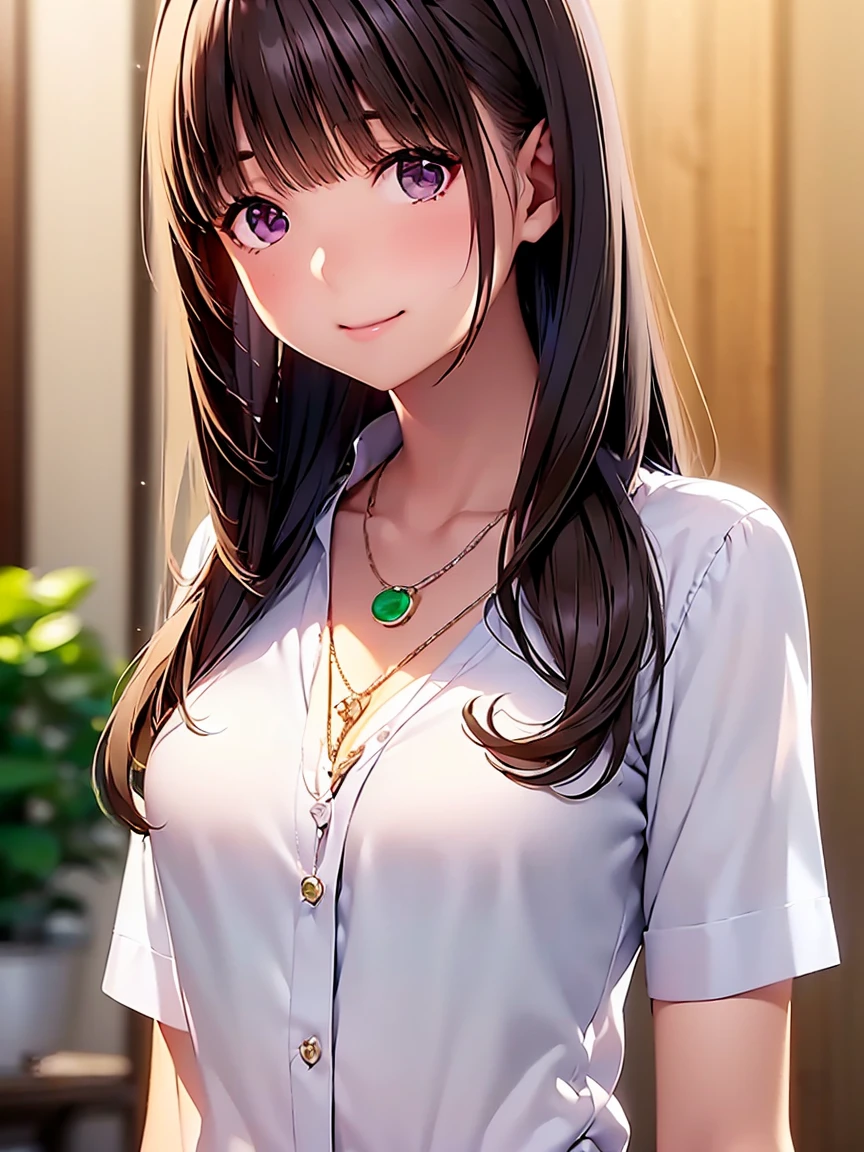   high definition  ,In 8K, best quality , Details, semi-realistic anime , D-anime style, Smooth Anime CG , one girl who is at ease, 19-year-old Japanese woman, very cute ,((beauty)), slim,modeling,((Sparkling Eyes)),((long hair that extends to the chest)),(( wavy maroon hair with bangs)),(((navy blue shirt with white collar ))), pink lips, Shiny brown hair, Detailsな顔,Beautiful and  Details,,((深い青紫色のSparkling Eyes)),(Shut your mouth.),(Laughter),((pendant)),(clavicle),(( beautiful jade bokeh background ))