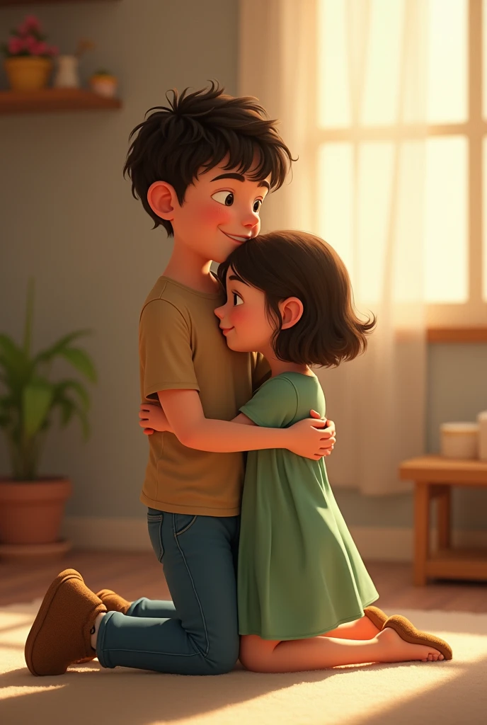 A tall guy apologizing to a short girl and I want the phrase to be displayed in text
 "Sorry My Little One, forever K garla"