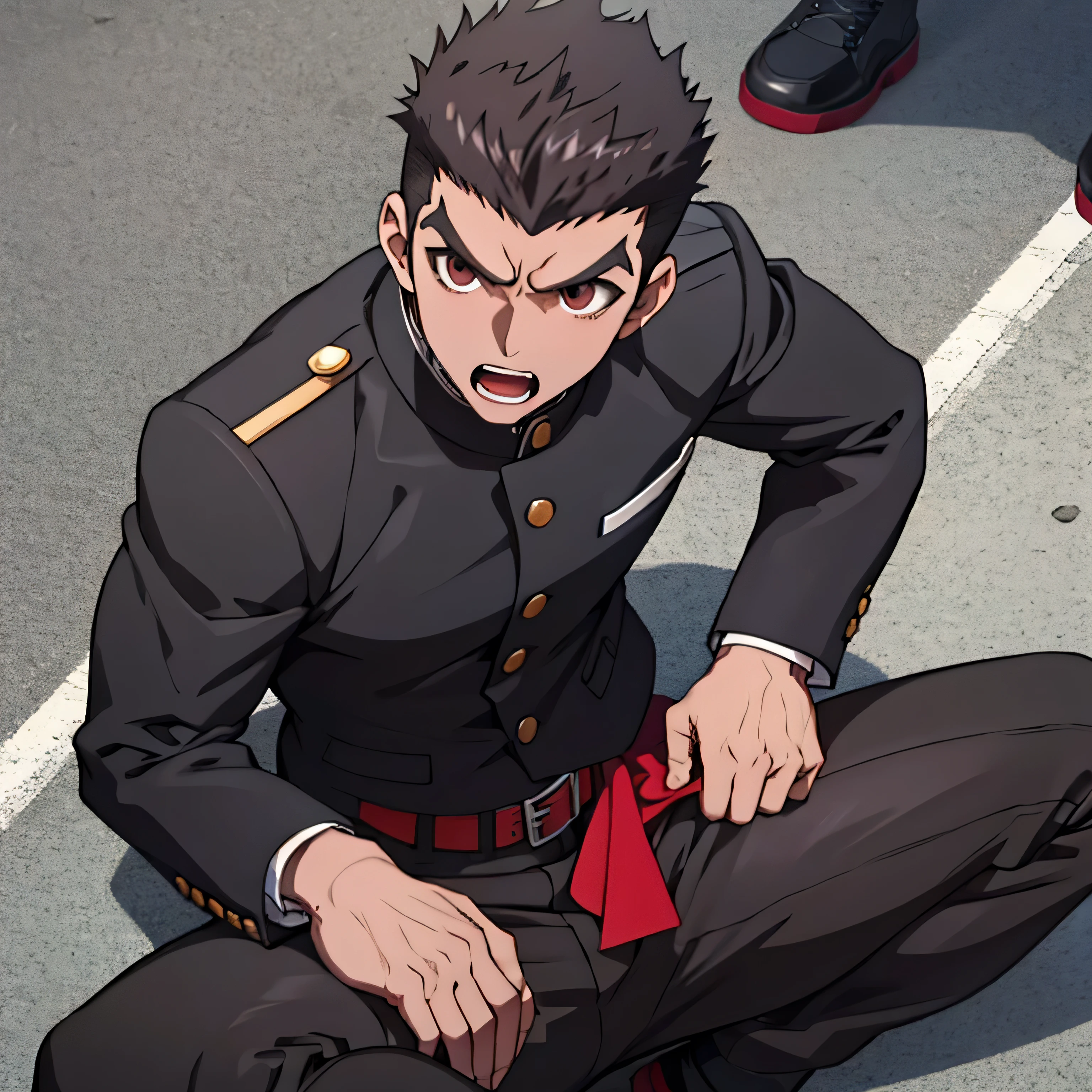 Age 25,,Simple black GAKURAN、Red Shirt, black slim pants , lying on the ground 、Spread your legs wider,black belt,logic, Gay ,Brown Hair, short hair on the side of the uniform, thick eyebrows, Lightly Set Your Hair with Wax 、Masculine,salaryman,Mob characters,bad student、View from above Open your mouth wide and scream face up