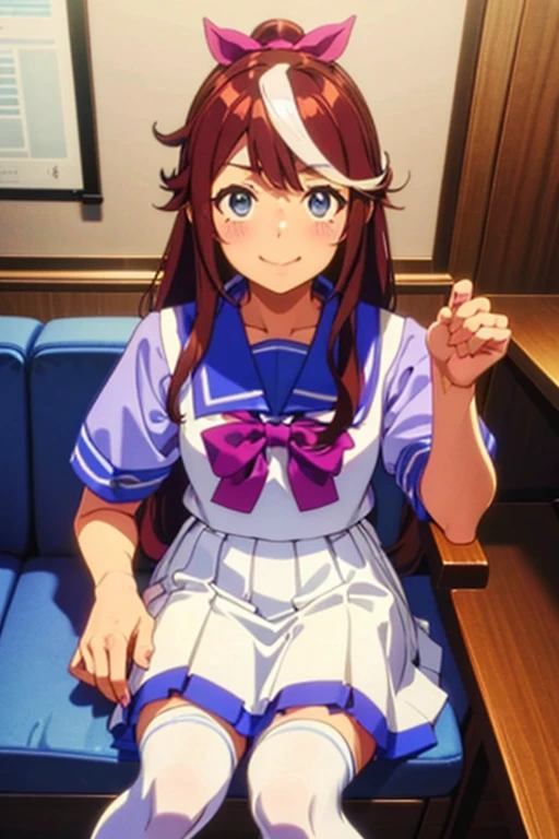 Tokai Teio,smile,high ponytail,streaked hair,multicolored hair,fake animal tails,girl,best quality,tracen school uniform, sailor collar, bowtie, purple shirt, sailor shirt, short sleeves, white skirt, white thighhighs,white kneehighs,Narrowed sleeves, long chair,sitting,blue line on the edge of the white skirt,