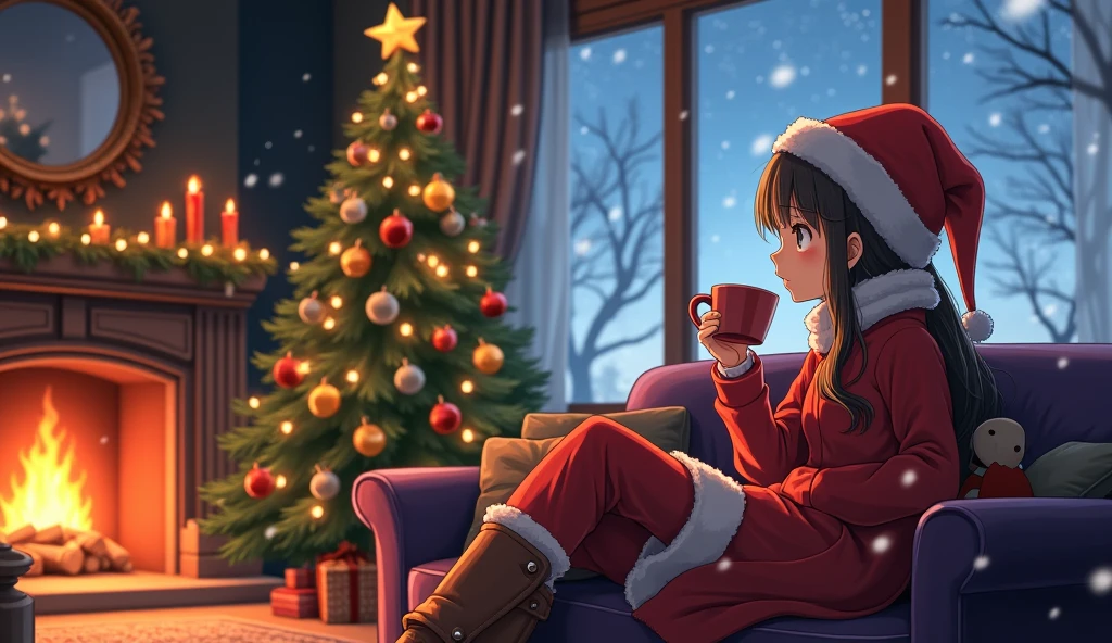 Cozy sofa a girl sitting in it wearing winter cloth and a red christmas hat  drinking cofee   in Living room with christmas decorations. Fireplace and christmas tree near it. Snow  falling is seen through the window. Christmas lights High Resolution, Best Quality, Detail, High Details, High Quality, Anime, Anime Style, Ghibli-like Colors, Soft Colors, Soft Lighting, Surrealism, 