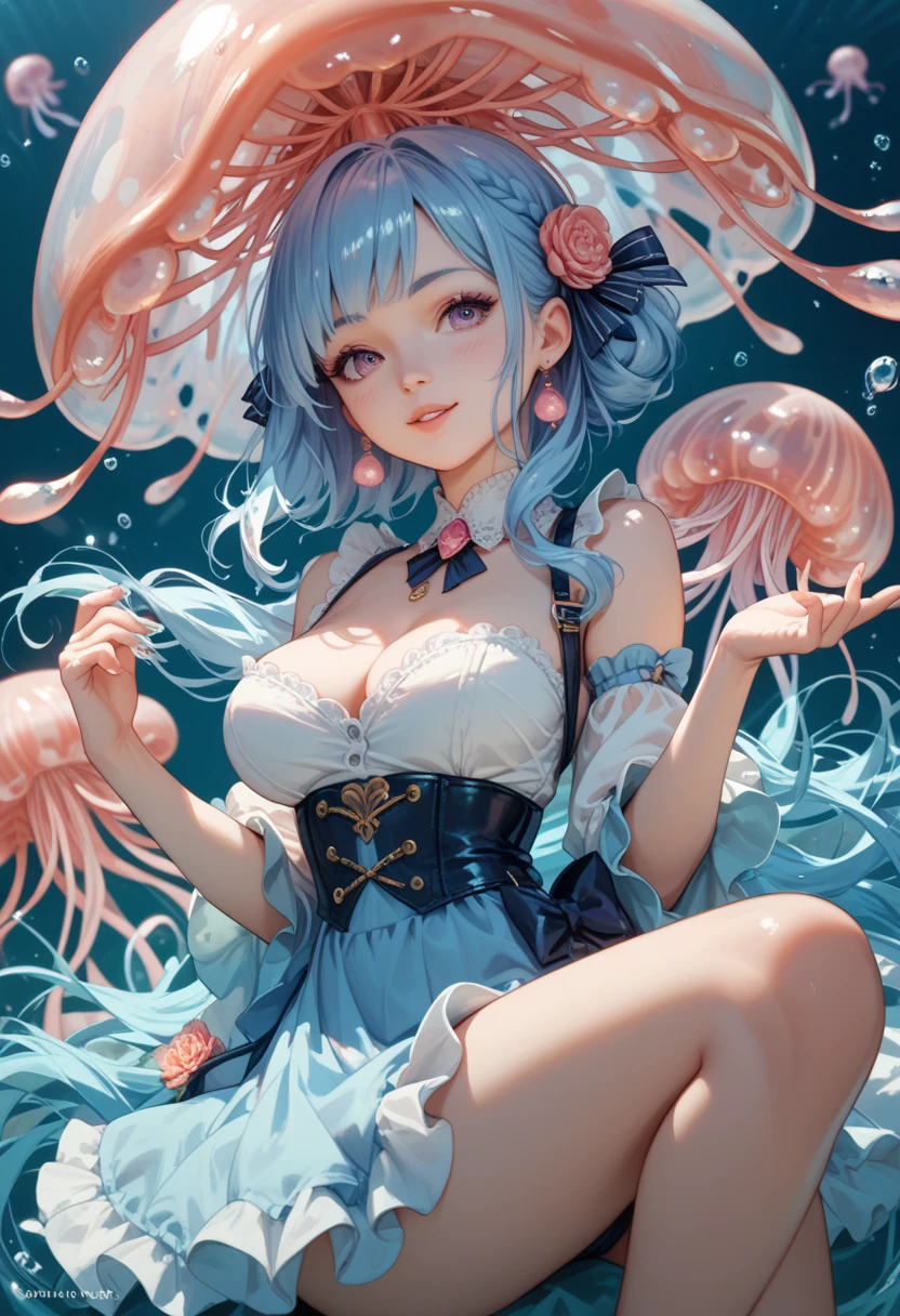 1 small curved loli，blue  hair，15 years old，dwarf，Lie at the bottom of the sea，full bodyesbian，Surrounded by monsters，Beauty wears transparent gel coat，The perfect figure reveals a slender waist，The lines are perfect，Raised sexy，Blushlush，Spread your legs，Hands touch the inner thighs，The shoulders and navel are clearly visible，View from above，