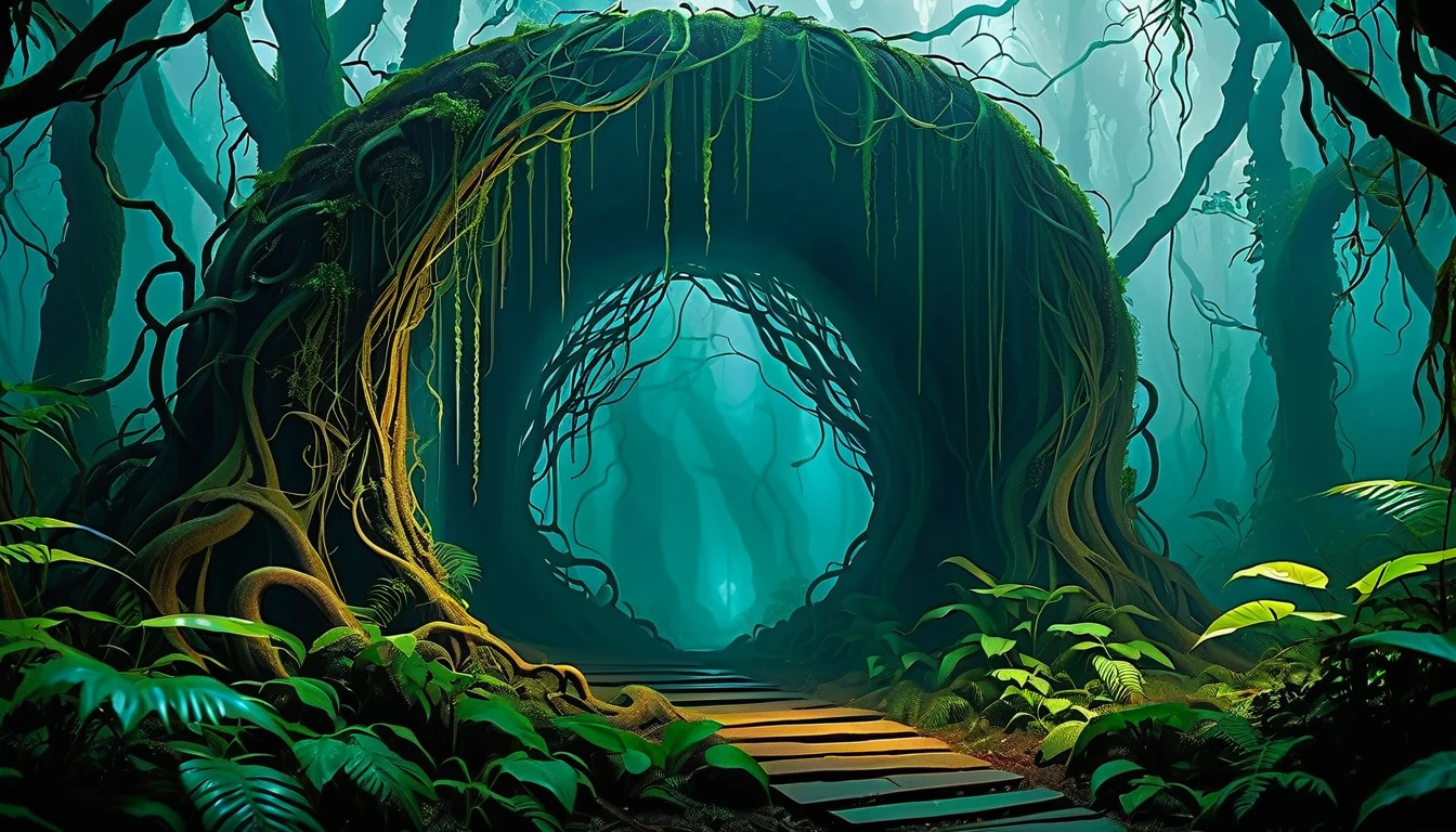 A hidden, enigmatic doorway stands partially ajar in the heart of a dense, primeval jungle, shrouded in mist and shadow. The portal is intricately crafted from dark, otherworldly bone, its surface etched with elaborate, biomechanical patterns reminiscent of an ancient, alien civilization. Tendrils of creeping vines intertwine with the structure, adding to its foreboding presence. The scene is bathed in an eerie, dim light filtering through the canopy, casting unsettling, shifting shadows. Inspired by the haunting aesthetics of H.R. Giger, the atmosphere is charged with an ominous, cinematic tension, hinting at the mysteries and dangers that lie beyond the threshold