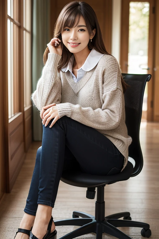 ((( slouching position with collar)))、12K、hdr、smile、 bit depth 10 bit、Adult Woman、The model is 25 years old、Fabric chair、UNIQLO sweater 、Sweaters that clearly show body lines、(((Resting one&#39;s chin on one&#39;s hand)))、(( open the foot ))、 watching viewers、Natural sunlight through an open value Ｆ1.2， high definition facial、 high definition eyes 、 anatomically correct body 、