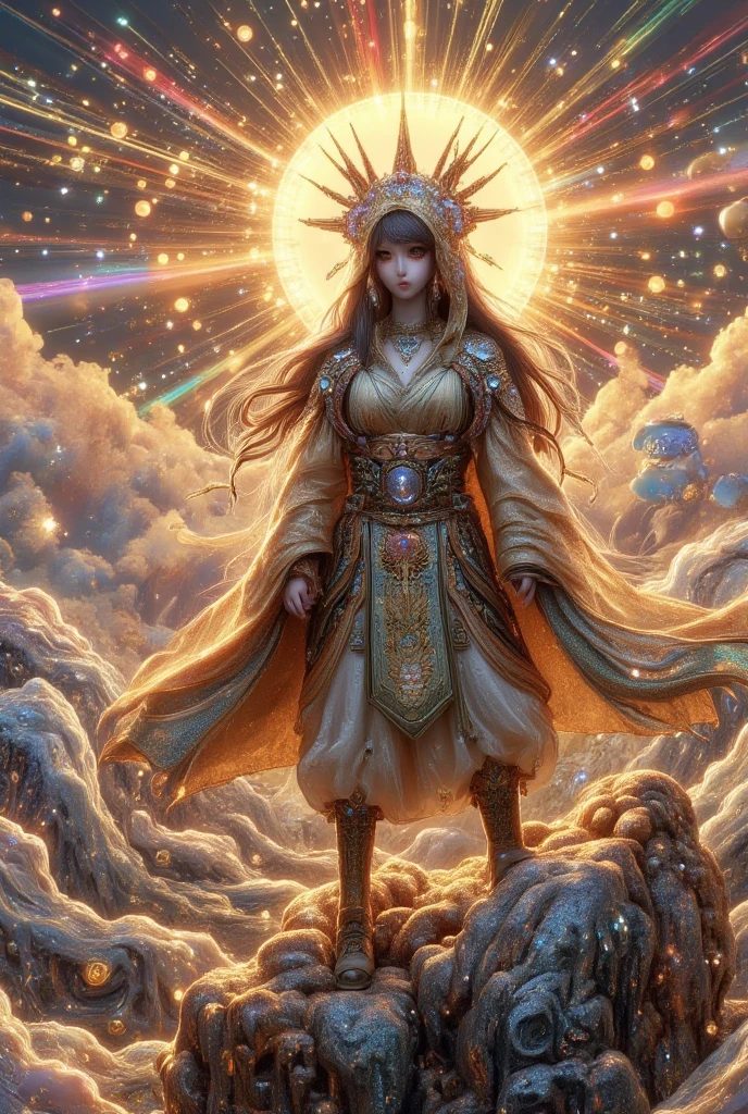 A person with a mask and hooded cloak on a mountain cliff standing confidently looking out with back turned into the distance in an ethereal, glowing space, surrounded by symbols of harmony and balance. The view is radiant and vibrant, with colors symbolizing clarity and strength, as the person looks with confidence. Subtle symbols or light trails around them to represent alignment with a higher reality