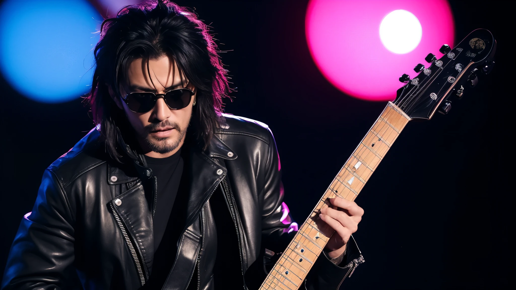 A close-up portrait of a Japanese rocker wearing a leather jacket, boots, and sunglasses, playing an electric guitar. The background features a futuristic city at night with glowing neon lights, street lamps, and tall buildings. The rocker's face is clear and detailed, with an intense and confident expression, free of a beard. The dark night contrasts with the neon glow, highlighting the rocker's figure and exuding a rebellious energy