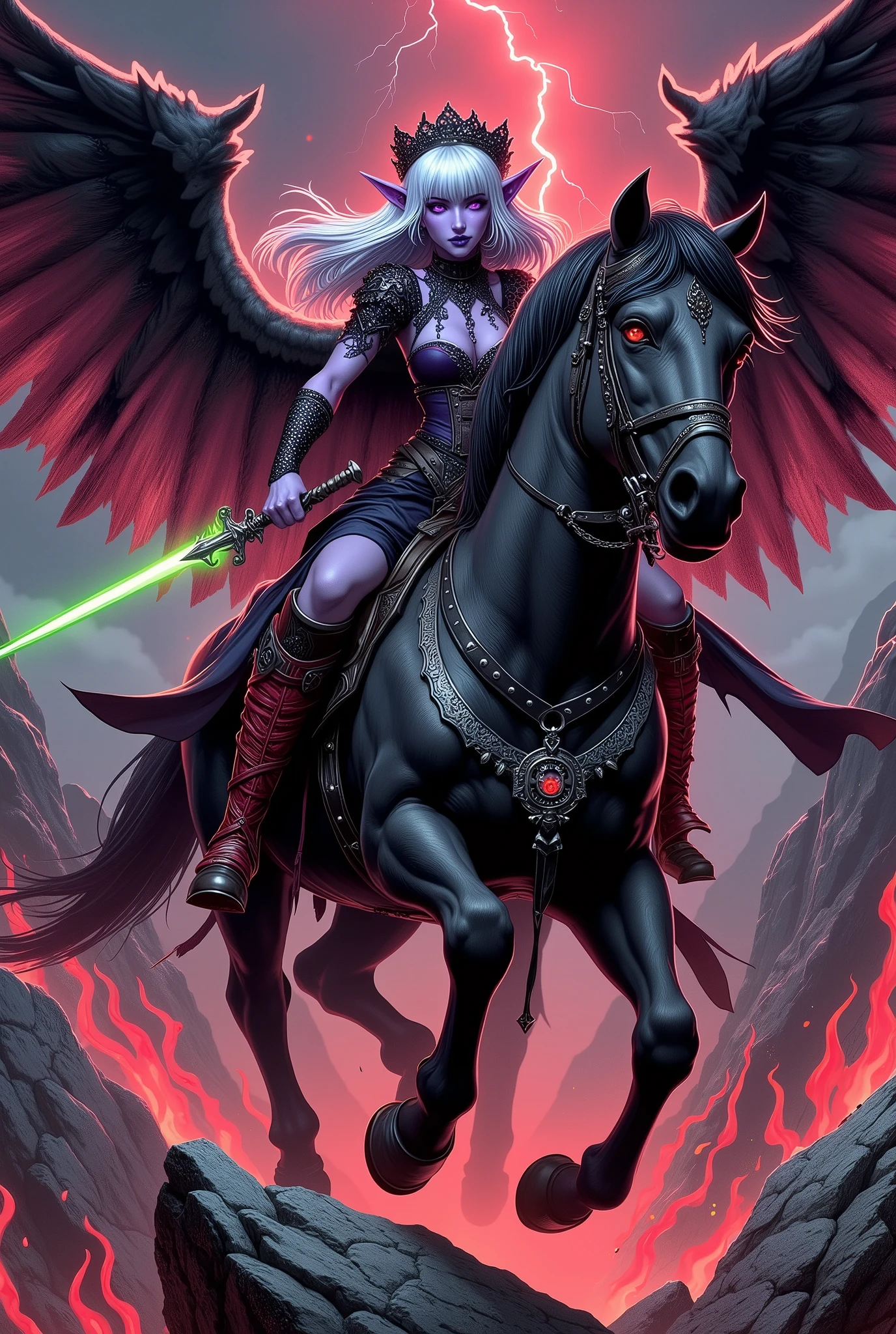 (Ultra-detailed face, Looking away, Fantasy Illustration with Gothic, Dark tone colors, Perspective looking down from above), BREAK 
(The Dark Elf Female Hero is astride a pole-standing black pegasus, surrounded by black gas, on a sheer glass boulder with a strong wind blowing against a backdrop of red lightning, holding a sword hilt with both hands and thrusting a great sword with a green aura into the sky, screaming and shouting at the top of her voice.), BREAK 
(A young-aged dark elf woman hero with pure white hair and eyebrows, blunt bangs, Very long hair, disheveled by the wind, small pink lips, dark-purple color skin, lavender pupils, Draw thick, dark eyeliner around the eyes.), BREAK 
(The dark elf heroess, smiling wryly, wears a headdress resembling the wings of a pegasus and a large ribbon tie of jet-black lace. Laced up with layers of jet-black tape wrapped and sewn into a tattered fabric with crimson leather straps woven into the fabric. She is wearing a dress. She wears boots decorated with a relief of silver flames.), BREAK 
(The black Pegasus “Nightmare” has fiery red eyes, a mouth spitting flames, and flames and sparks from its four hooves. Flames and sparks fly from its large, flapping black wings.)