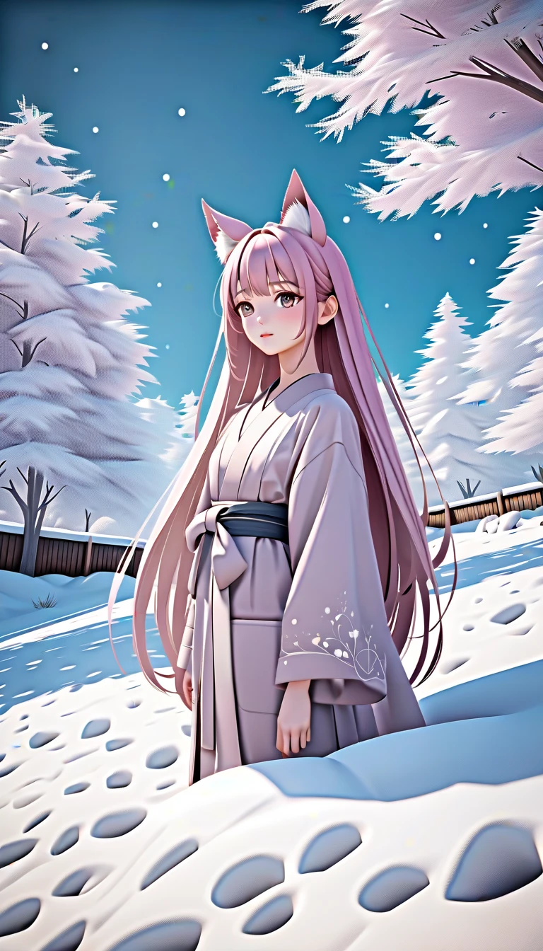 Beautiful snowy scenery、 beautiful girl with fox ears 、 high definition 、 anime style illustration、Delicate line drawing、Soft colors、Pastel tones、 long hair、kimono、Snow is falling、 fantastic atmosphere 、 rich in detail 、8k、octane render, unreal engine 5, (What color is the character's hair, Eye color is honeydew )