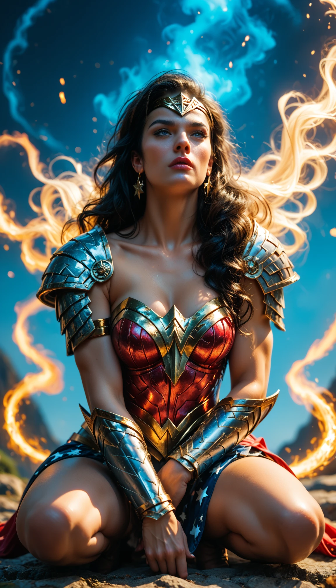  "A fantasy-style image of Wonder Woman, wearing a white version of her classic armor with subtle glowing accents. She is crouched down slightly, with both hands resting on her knees, looking up with a determined and powerful expression. The art style combines her original DC appearance with fantasy elements, like intricate designs on her armor and a glowing lasso. The background features a mystical landscape with vibrant colors, enhancing the epic and otherworldly feel of the scene.",
  "size": "1024x1024"
