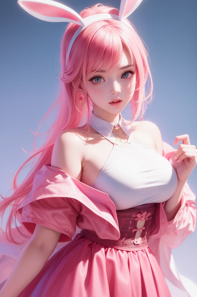 Girl, silver and pink uniform, pink hair, wear tiara, wear glove, detailed hand, round face, detailed face, parted lips, picture form top to knee, sexy pose, big chest, look at camera, camera from top to bottom, detailed, photorealistic, best quality, night sky background