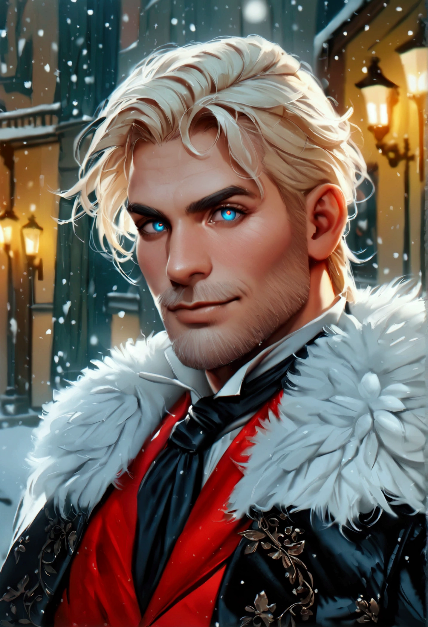 one man, gallantic, masculine, single-person, middle-aged man, handsome, vampiric aura, 58 year old, blonde hair, quiff sides and tape hairstyle, shining bloody eyes, friendly smile, pale white skin, more prominent muscular body, larger muscles, bodybuilder bodyshaped, more prominent muscular legs, black suitcoat, red robe, black wide trousers, snowy midnight, looking at viewers, realistic quality, ultra-realistic style, hyperrealistic, hyperdetail, aesthetic, dreamy, HD, High Quality, masterpiece, best quality, 8k resolution 