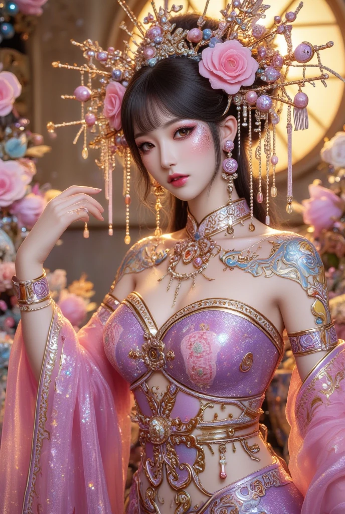 Generates a hyper-detailed full-body image of a female Chinese superhero, dressed in a pink and purple outfit., perfect composition, beautiful detailed intricate insanely detailed octane render trending on artstation, 8 k artistic photography, photorealistic concept art, soft natural volumetric cinematic perfect light, chiaroscuro, award - winning photograph, masterpiece, oil on canvas, raphael, caravaggio, greg rutkowski, beeple, beksinski, giger