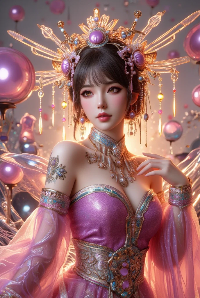 Generates a hyper-detailed full-body image of a female Chinese superhero, dressed in a pink and purple outfit., perfect composition, beautiful detailed intricate insanely detailed octane render trending on artstation, 8 k artistic photography, photorealistic concept art, soft natural volumetric cinematic perfect light, chiaroscuro, award - winning photograph, masterpiece, oil on canvas, raphael, caravaggio, greg rutkowski, beeple, beksinski, giger