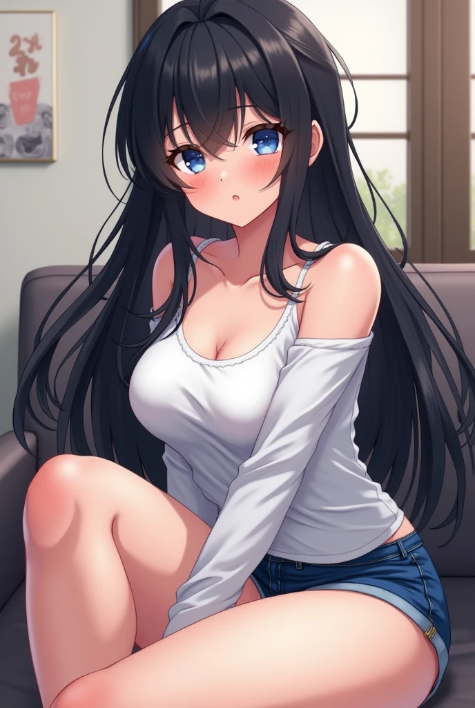 Cleavage, side angle, Upper Body, Realistic, real person, (pale skin: 1.2), shiny skin, shiny hair、(A 25-year-old woman with straight hair and bangs) and (medium hair) and (black hair) and (purple eyes) , (white) and (T-shirt) 、smile, The background is the living room、Alone、Are standing