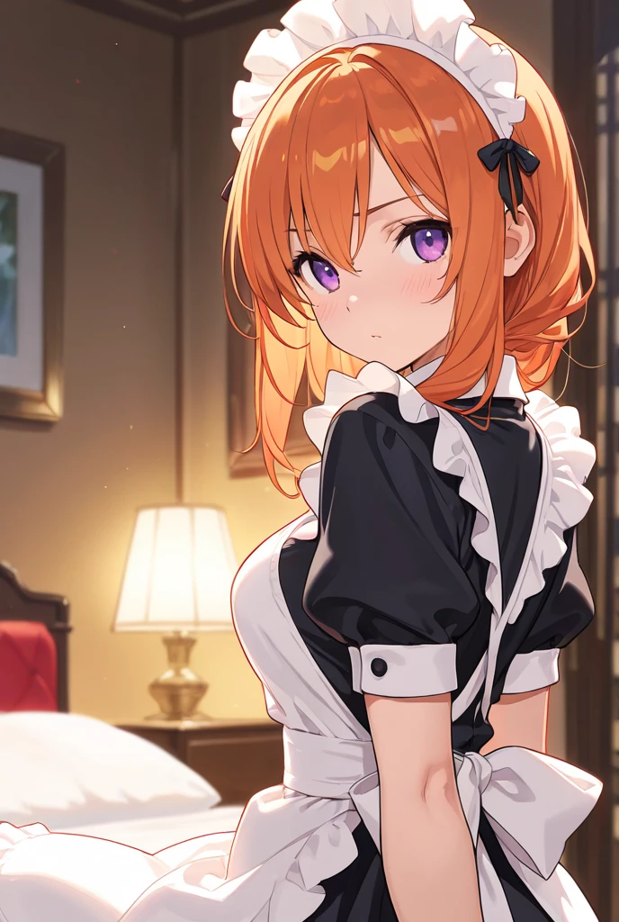 masterpiece, best quality, 1girl, purple eyes, orange hair,maid headdress, maid,