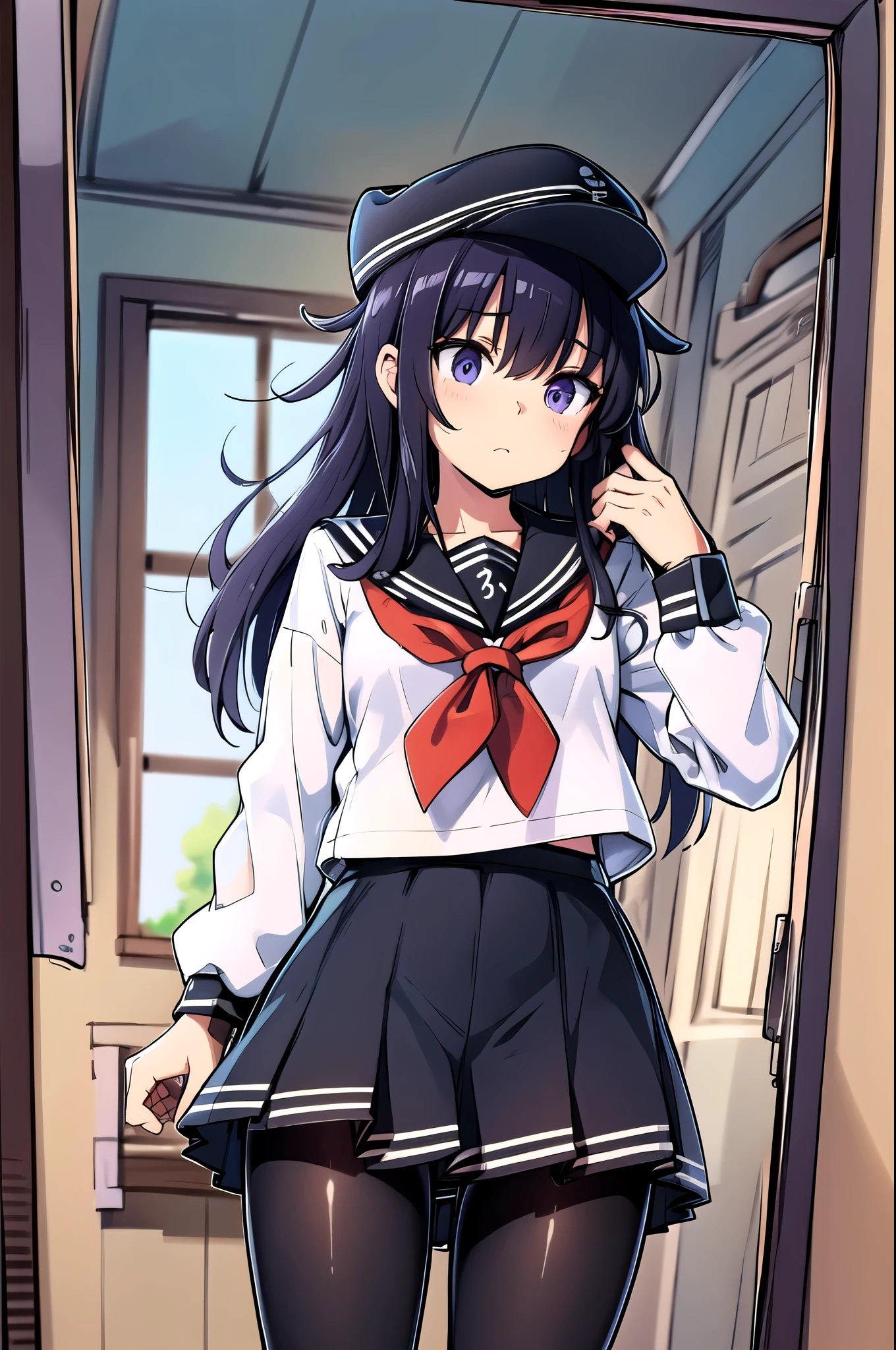 Akatsuki,   flat cap,   sailor suit ,   white shirt,   Long Sleeve  ,  pantyhose , green,   Window  , Shine,   COWBOY SHOOTING , masterpiece,  best quality,   kampala,  amazing hands,   perfect hand to get close to a mirror,  upside down 、  panties