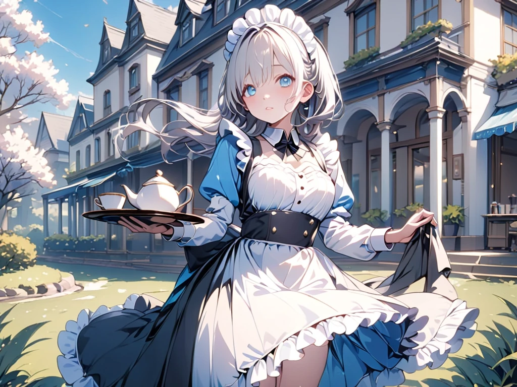 (woman),(最High image quality, 8k, masterpiece:1.3), (24 years old:1.5), ( Silver Hair), ( semi-long),  (Full body shot、Fair skin、 maid outfit 、 Long Sleeve 、blue beautiful eyes 、Waiter、Elegant、 long skirt、Western-style building、garden、Pour in the tea)), ([Ultra Clear:1.5), ( shiny skin:1.1),(Pale skin:1.1),High image quality、 clear contours、