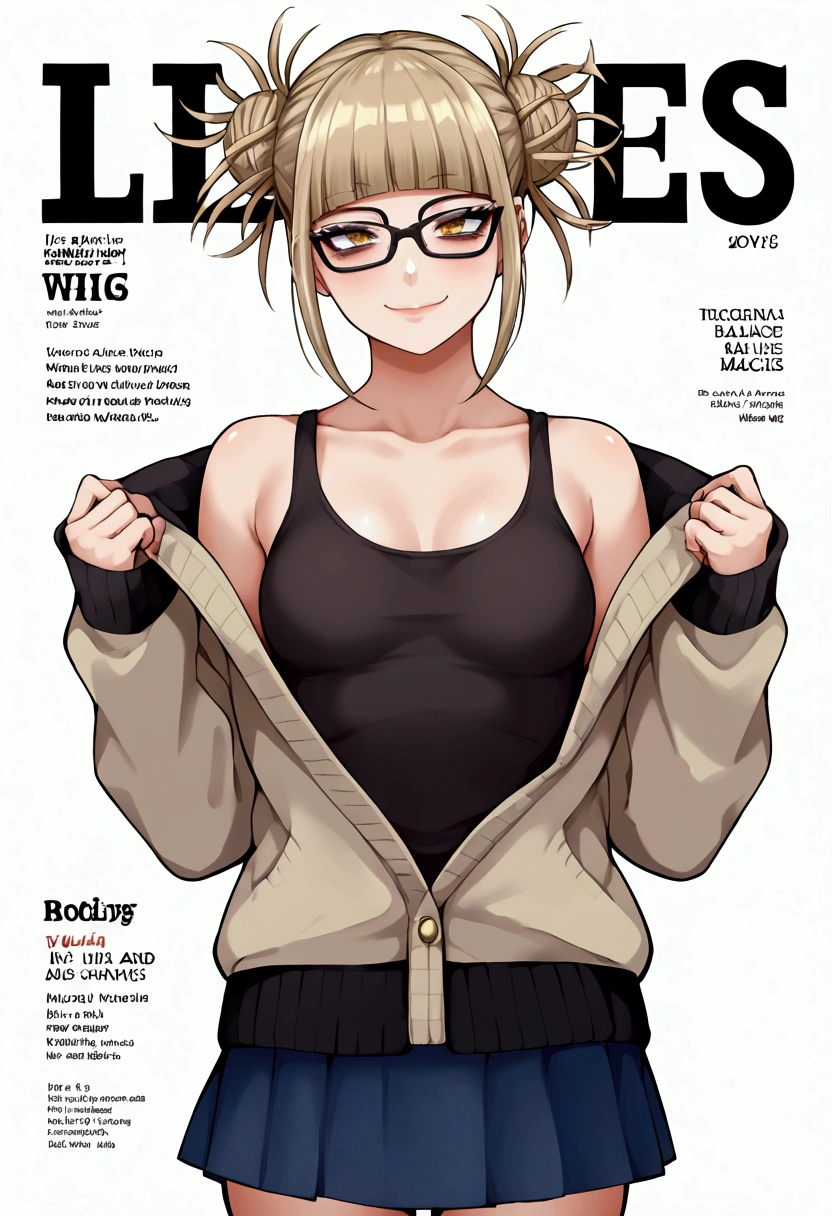 Front cover of a women's cooking magazine, text, diagrams, advertisements, magazine title,1Girl,BLACK GLASSES,JUMPER JACKET,SKIRT DENIM,TANK TOP,MODEL POSE,HIMIKO TOGA FROM ANIME MY HERO ACADEMY,ANIME STYLE ART, Anatomically correct, Beautiful face, Perfect face, Highly detailed beautiful face and eyes, Attractive face, Detailed face, Delicate facial features, Detailed skin, SMALL breasts, Sensual, Elegant, Glamor, Bitch, Slut, Whore, Voluptuous, Seductive, Glamor, Love handle, SLIM BODY, 