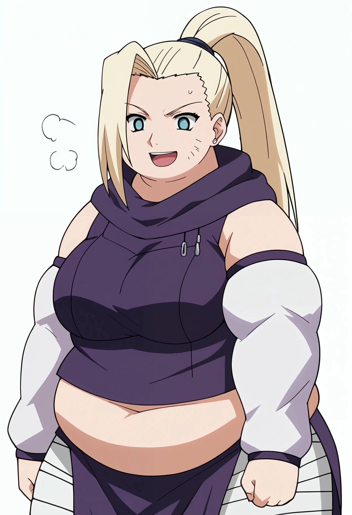 score_9, score_8_up, score_7_up, score_6_up, score_5_up, score_4_up, BREAK, source_anime,
1girl, ino yamanaka, long hair, blonde hair, ponytail, high ponytail, blue eyes,
bare shoulders, detached sleeves, bandages, bandaged leg, sleeveless, hoodie, hood down, crop top, purple crop top, pelvic curtain, detached sleeves,
Full body shot, smile, upper body, looking at viewer, solo, simple background, white background, anime screencap, anime coloring  fat, chubby, obese, gigantic arms and legs, large breasts open mouth, out of breath
