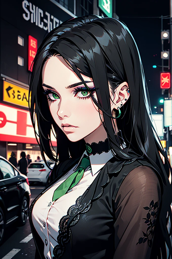 1girl, ((hair over eye)), (tight black lace blazer), black tie, ((long hair)), ((straight hair)), (((black hair))), side swept bangs, white skin, pale, white, (green eye), tired expression, choker, ((dark makeup, mascara, eyeshadow)), (mole under eye), multiple piercings, best quality, 8k, cyberpunk city, neon streets, white shirt, erotic, slytherin
