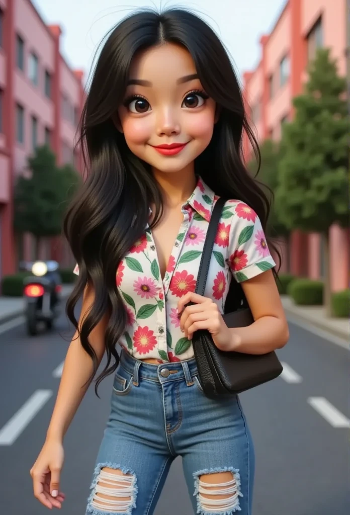 3D animation pixar of amira with vibrant color palette, amira wearing floral print shirt and blue jeans, adorable with long messy wavy hair, lv bag on her left hand, drive motorcycle, on the road, pink background, vibrant and contrast colors, trees